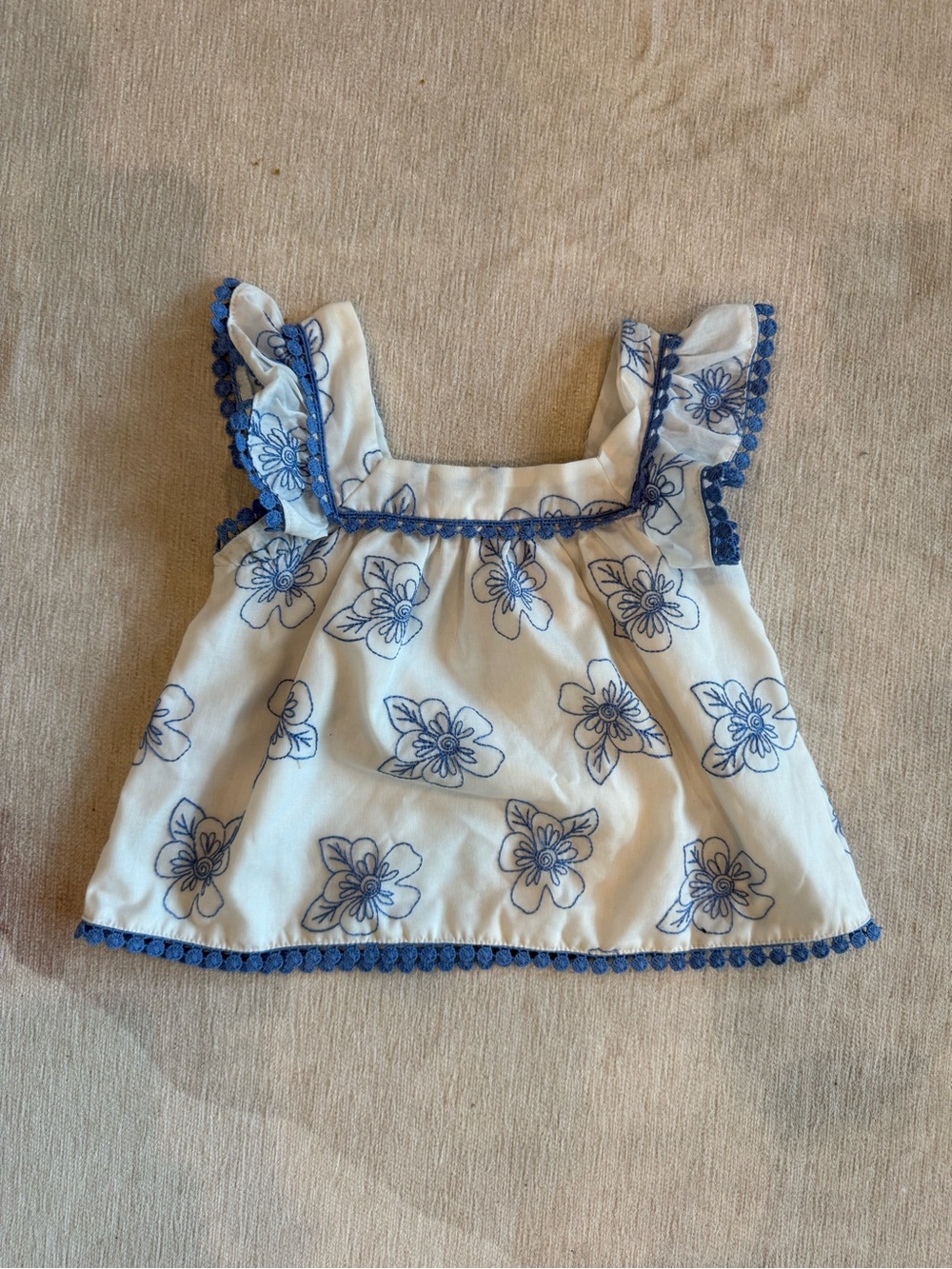 NWOT Rachel Zoe White Top with Blue Floral Embroidery and Ruffles